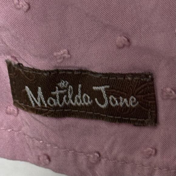 Matilda Jane Turn On The Charm Sheath Dress Women Sz L Lilac Swiss Dots Pleated - Picture 6 of 10